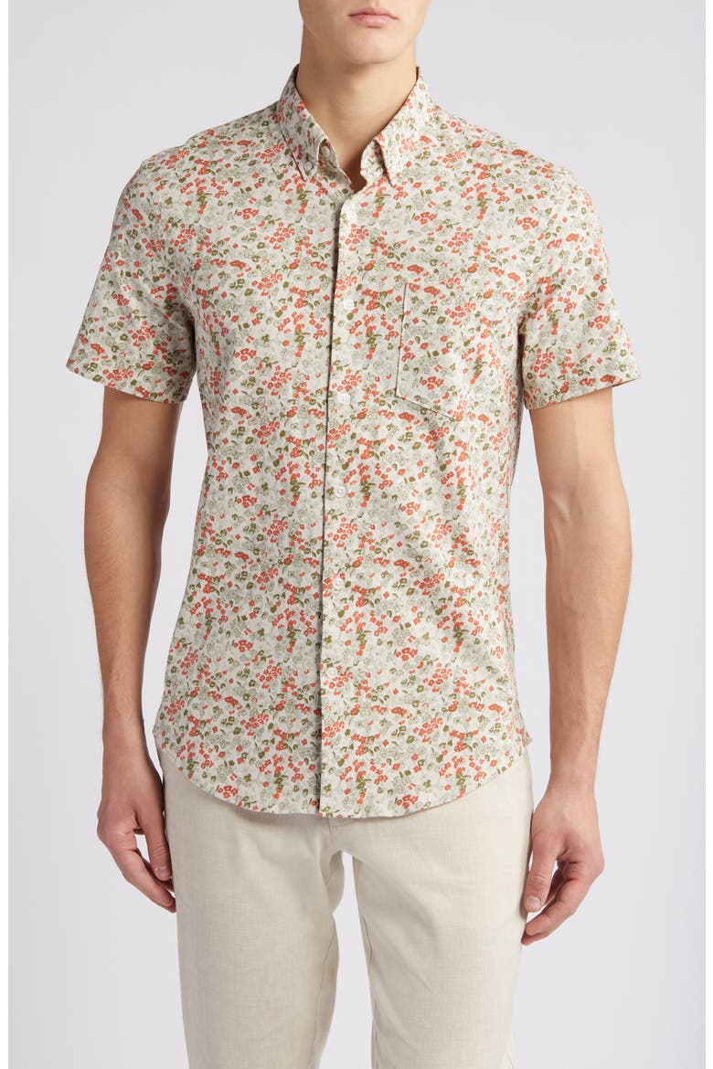 Trim Fit Floral Short Sleeve Stretch Cotton & Linen Button-Down Shirt, Main, color, GREY OWL FLORAL DITSY