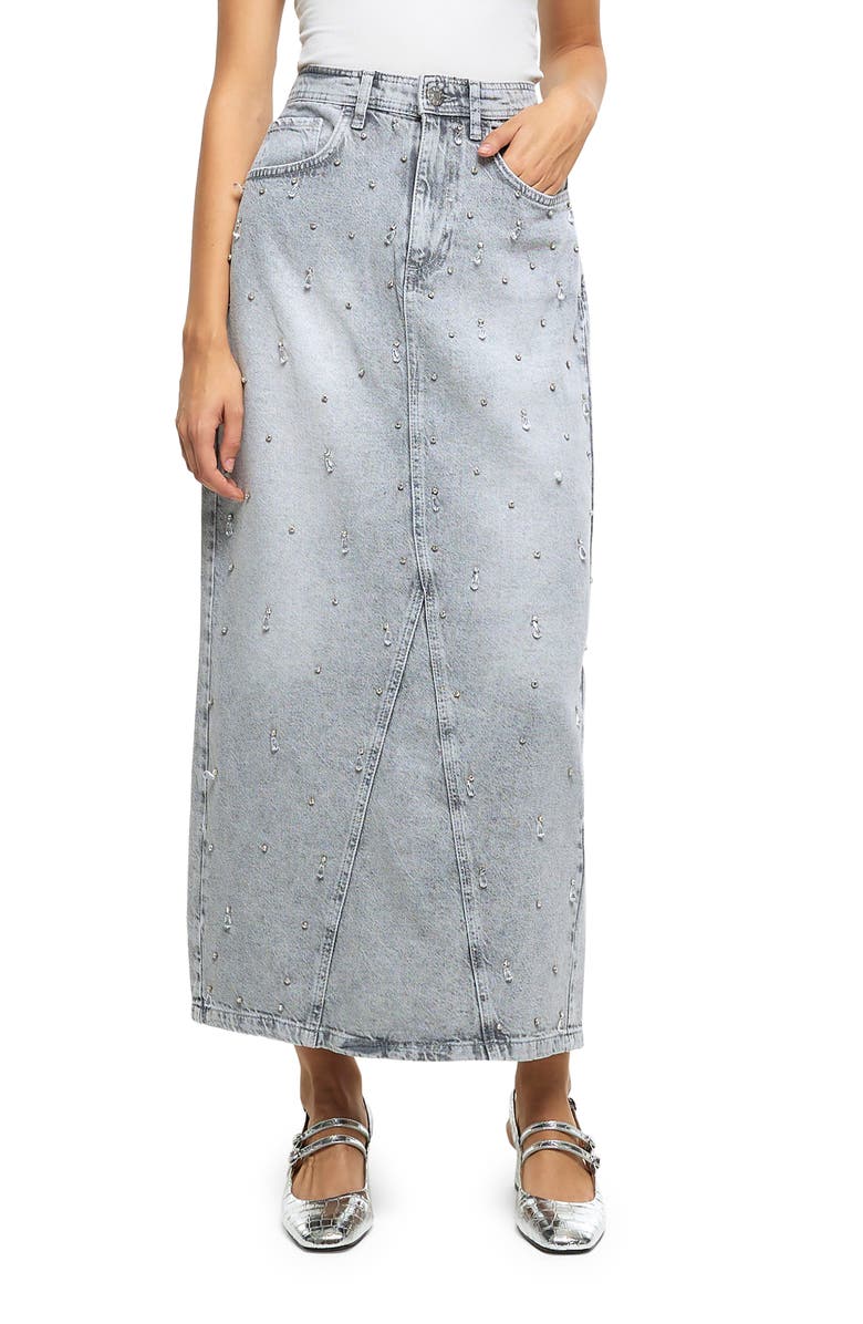 River Island Crystal Embellished Denim Maxi Skirt, Main, color, 