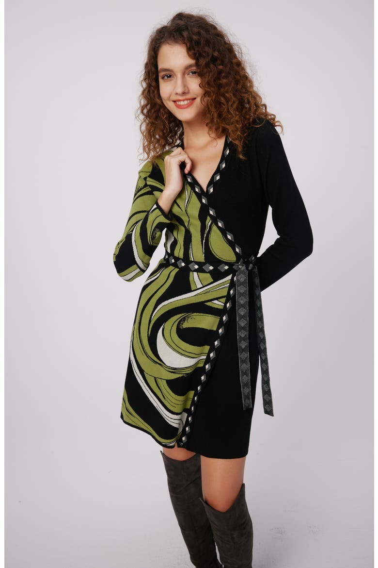 Aubrey Mixed Print Long Sleeve Knit Wrap Dress, Alternate, color, CASS TAPE SHADOW GN HUGE/BLK