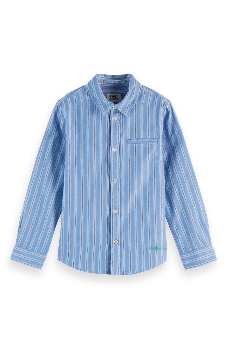Scotch & Soda Kids' Relaxed Fit Stripe Cotton Button-Up Shirt, Main, color, Blue/ Agate Green Stripe
