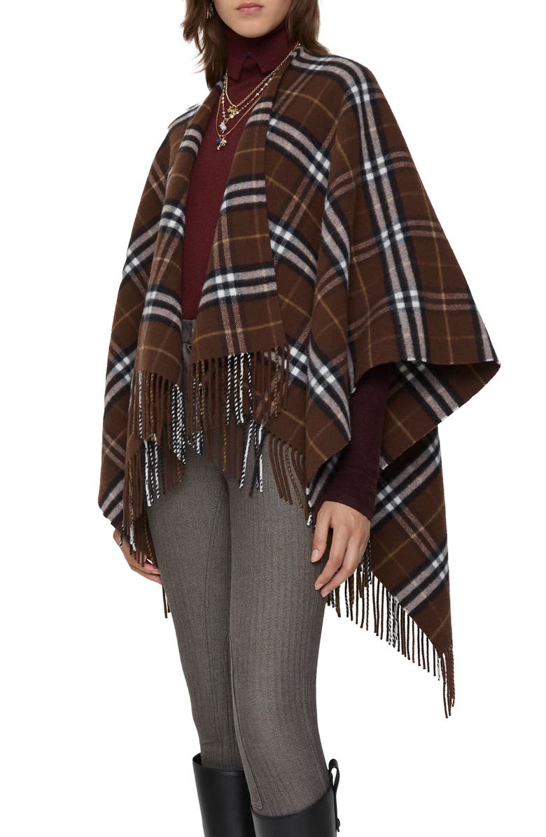 Burberry Check Double Face Wool & Cashmere Cape, Main, color, Treacle