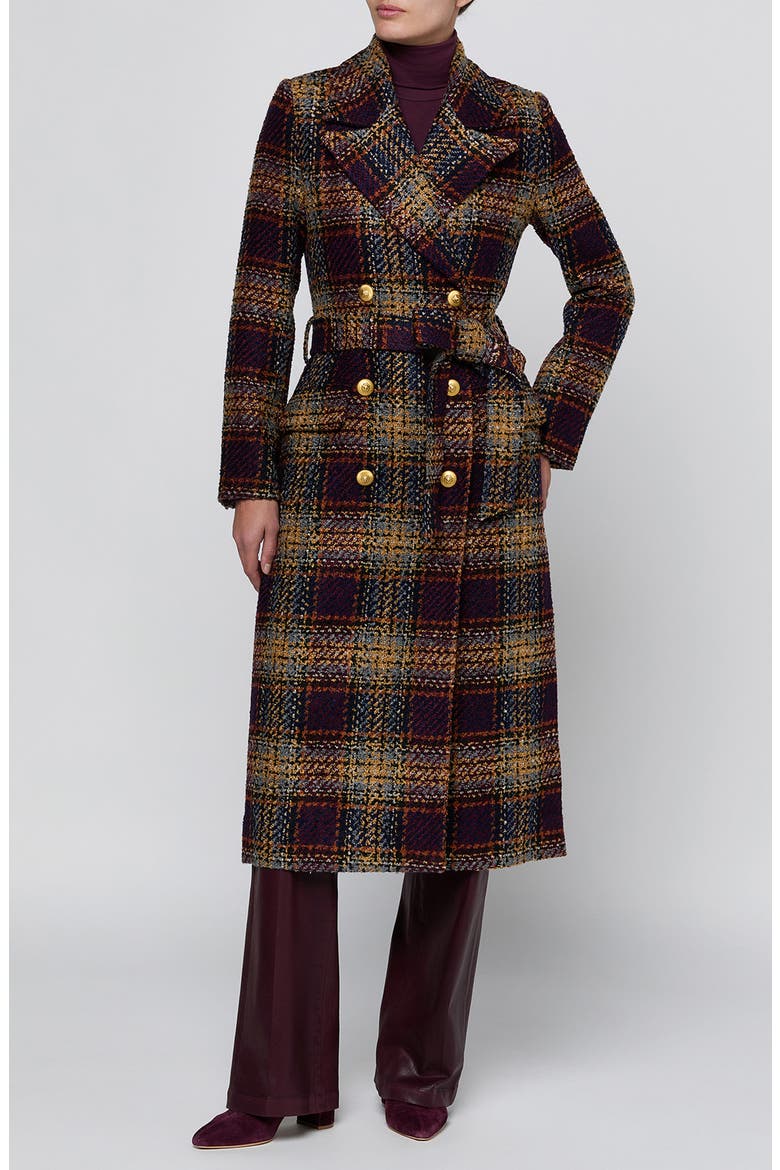 Kolina Plaid Double Breasted Long Coat with Belt, Main, color, NAVY/ BURG MULTI TWEED