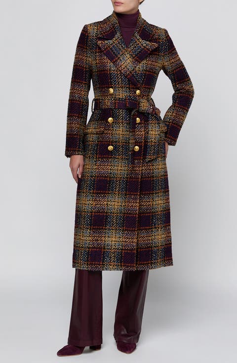 Kolina Plaid Double Breasted Long Coat with Belt