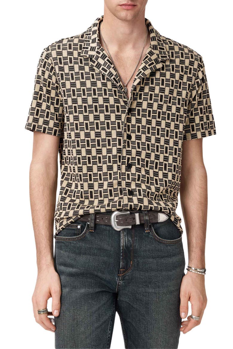 Geo Pattern Knit Camp Shirt, Main, color, LIGHT KHAKI
