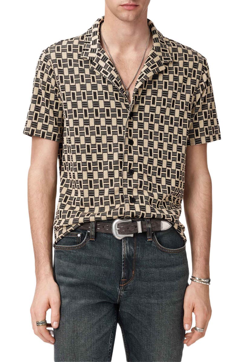 John Varvatos Geo Pattern Knit Camp Shirt, Main, color, Light Khaki