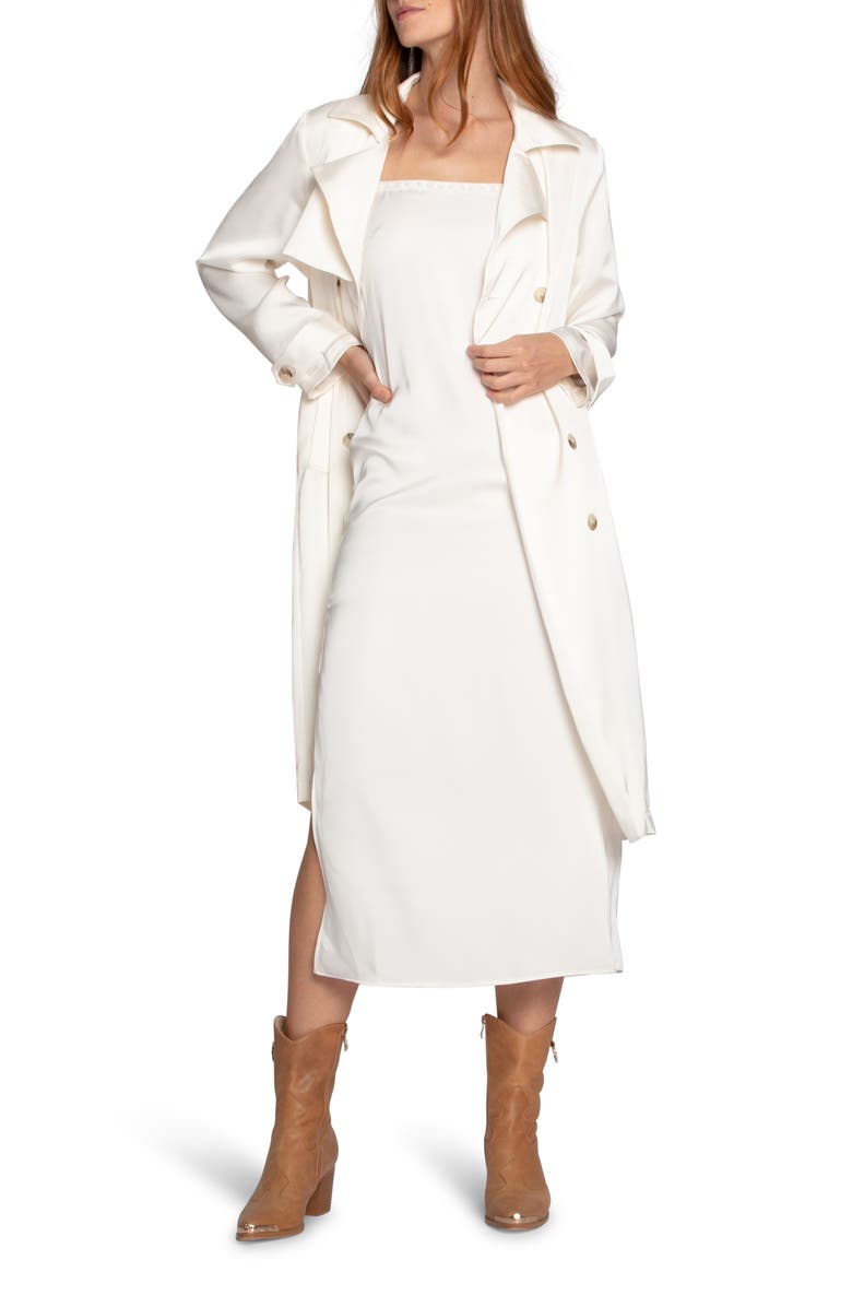 Belle & Bloom Love Language Double Breasted Satin Trench Coat, Main, color, Off White
