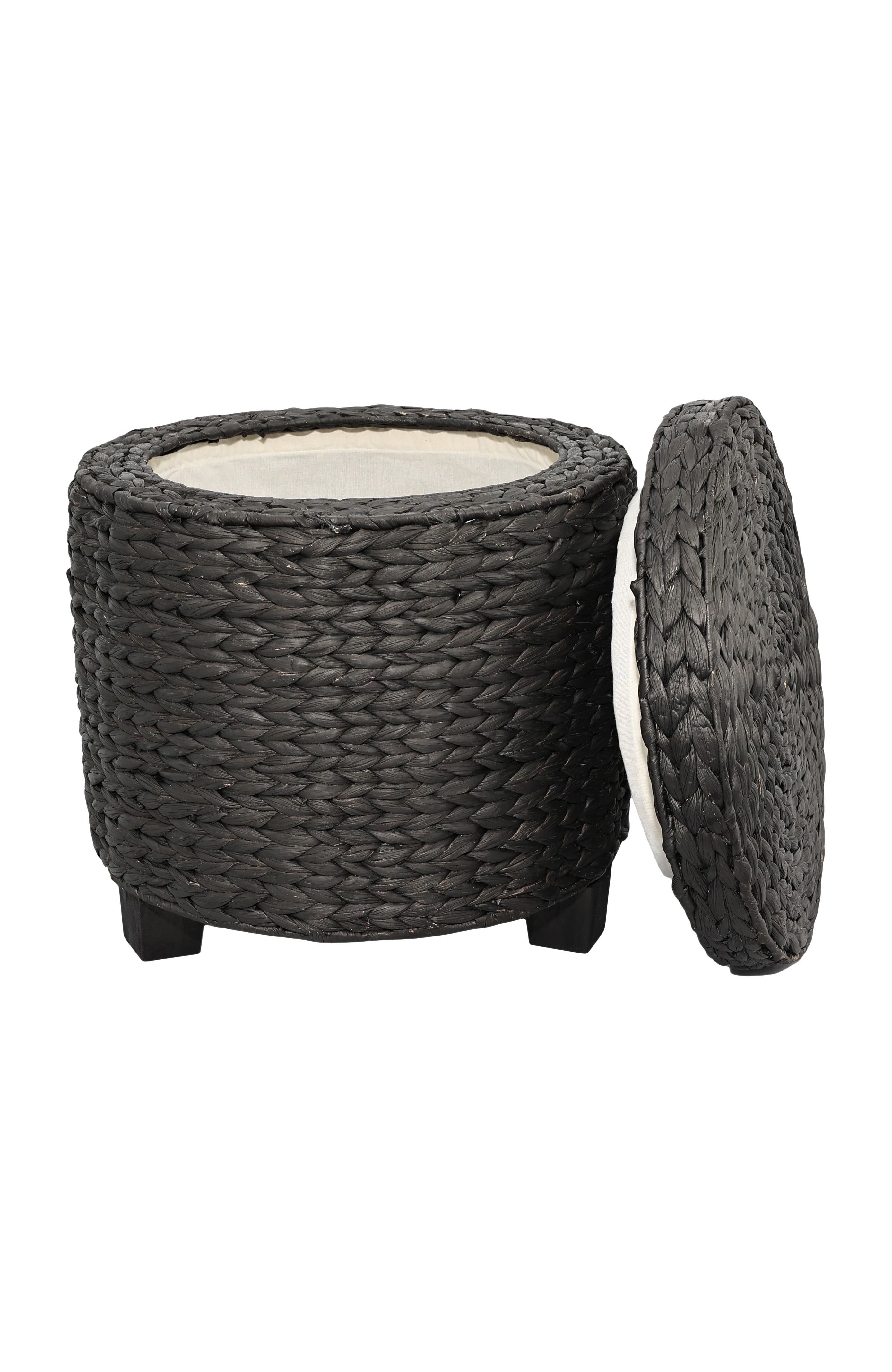 HAPPIMESS Addie 17.72" Modern Coastal Handwoven Water Hyacinth Storage Ottoman with Lid in Black 