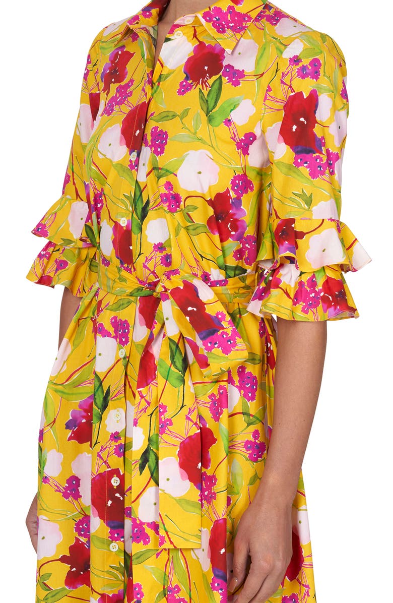 Carolina Herrera Floral Print Ruffle Cuff Cotton Shirtdress, Alternate, color, Taxi Cab Multi