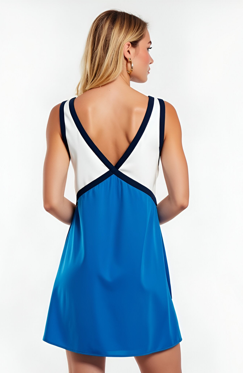 Modenaire Sleeveless V-Neck Mini Dress with Contrast Binding, Alternate, color, Blue / White / Navy