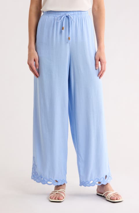 Embroidered Eyelet Hem Wide Leg Pull-On Pants