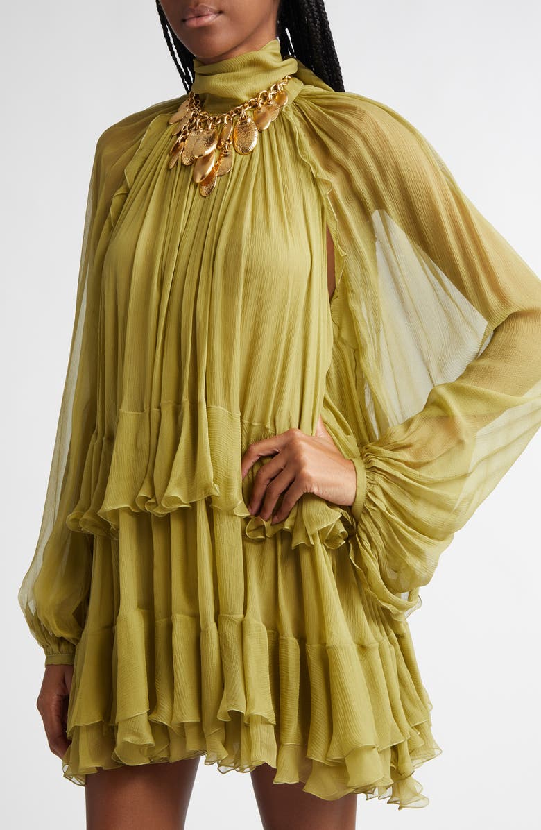 Chloé Tiered Ruffle Semisheer Long Sleeve Silk Top, Alternate, color, Deserted Forest