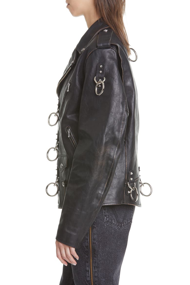 Ring Detail Refurbished Leather Moto Jacket, Alternate, color, BLACK