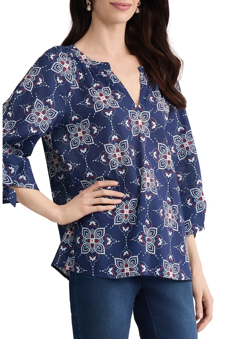 Printed Tie Cuff Raglan Sleeve Cotton Top, Alternate, color, PACIFIC NAVY MULTI