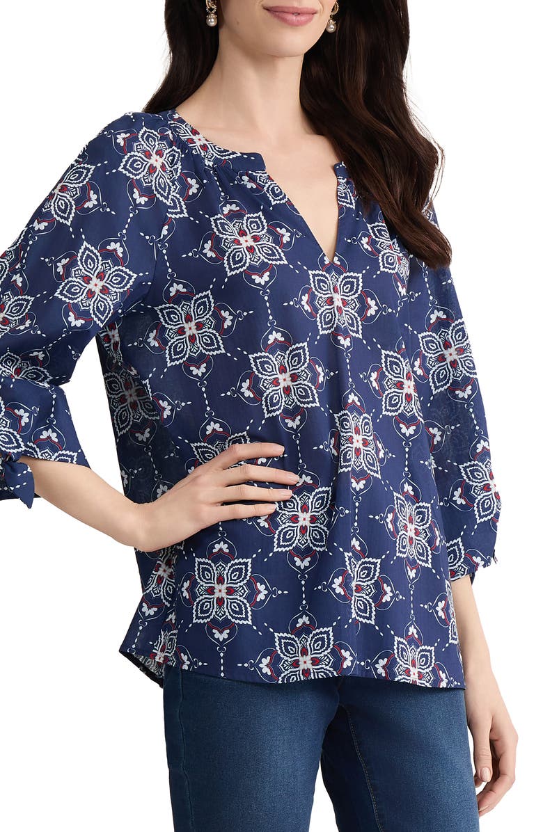 Jones New York Printed Tie Cuff Raglan Sleeve Cotton Top, Alternate, color, Pacific Navy Multi