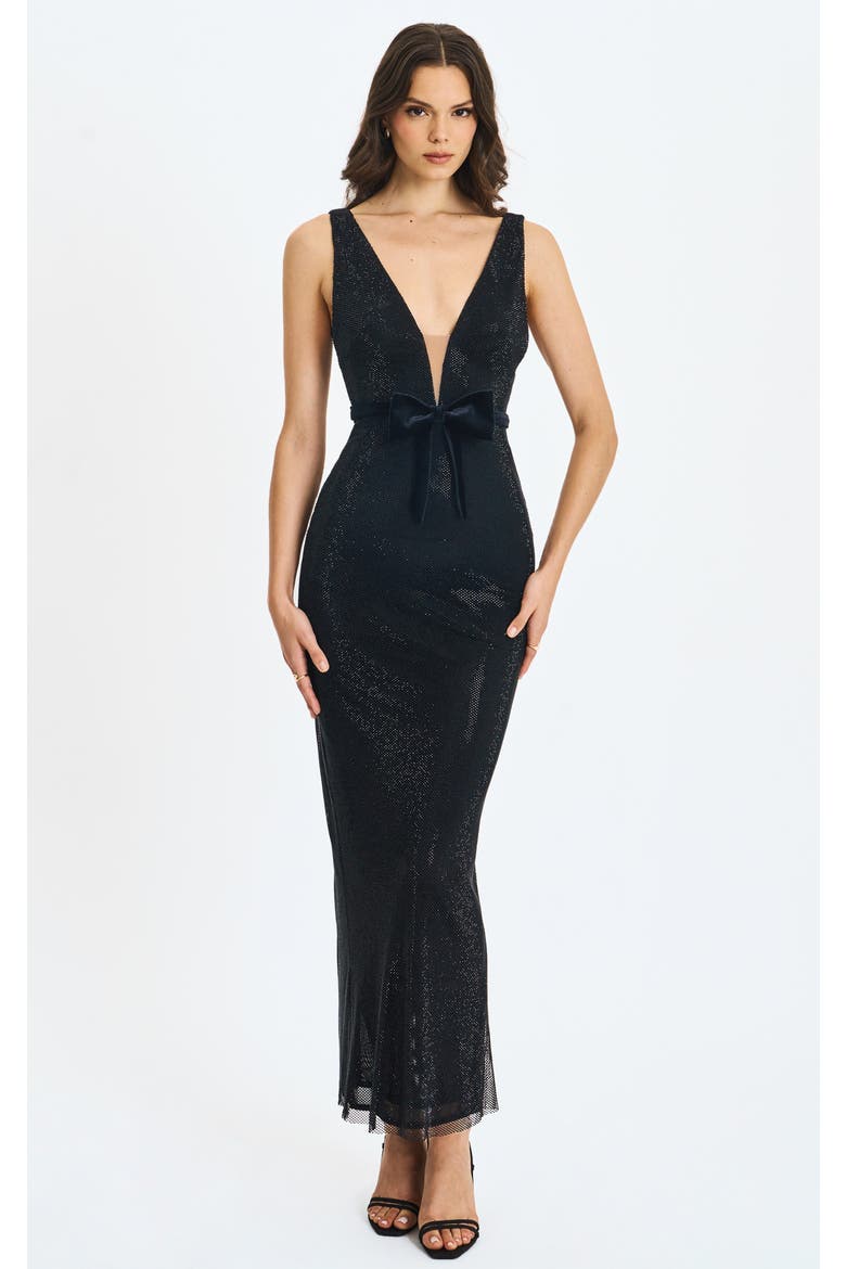 Olympia Belted Bow Plunging Rhinestone Maxi Dress, Main, color, Black