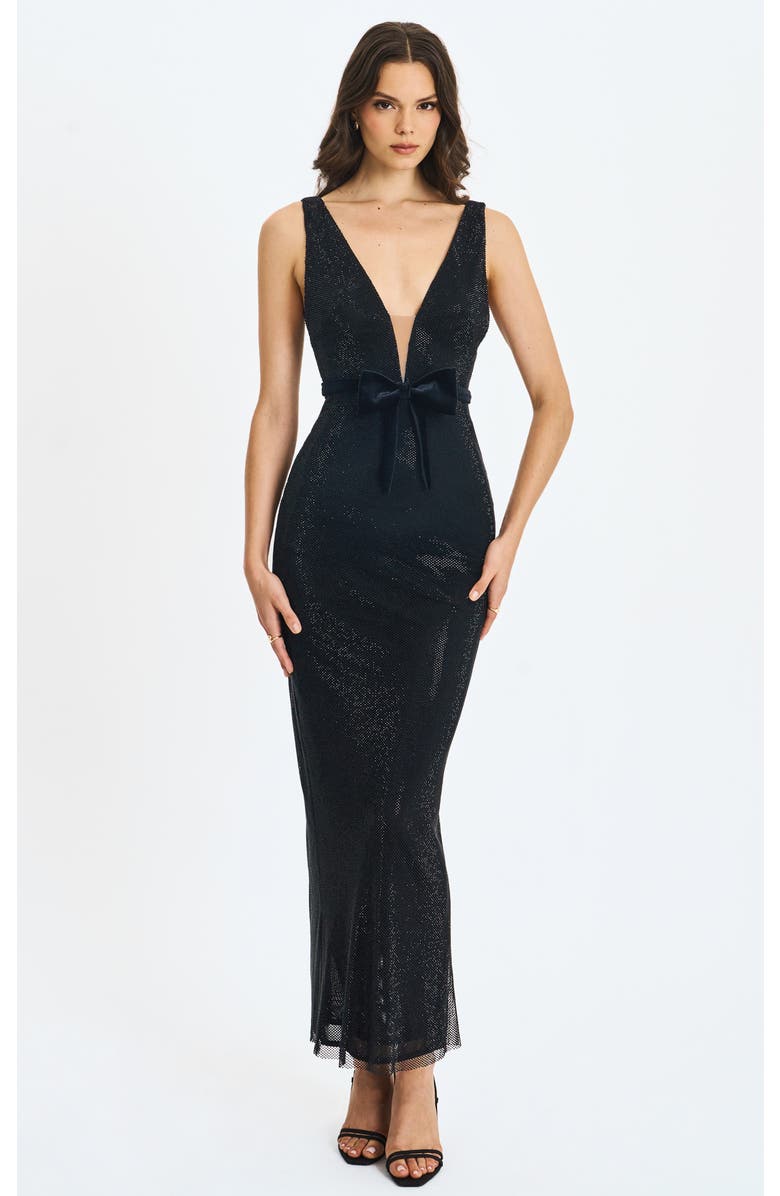 Miss Circle Olympia Belted Bow Plunging Rhinestone Maxi Dress, Main, color, Black