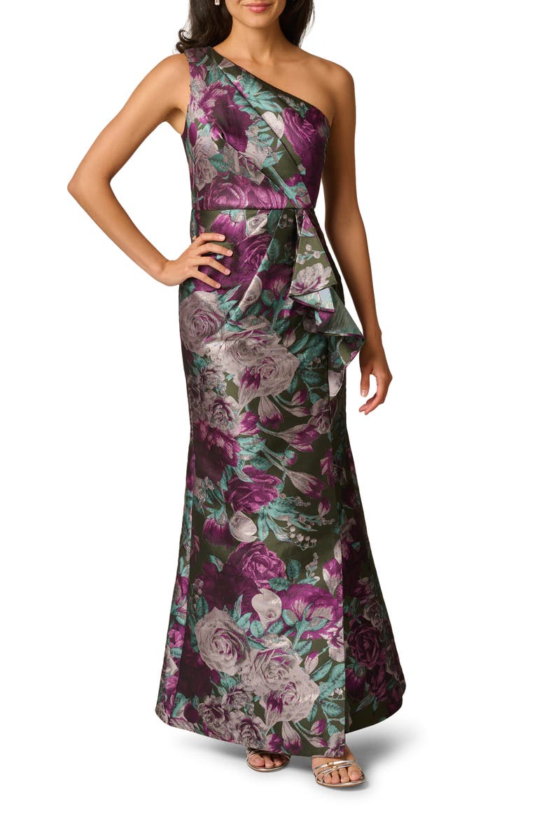 One-Shoulder Floral Jacquard Gown, Main, color, GREEN MULTI