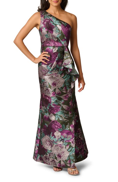 One-Shoulder Floral Jacquard Gown