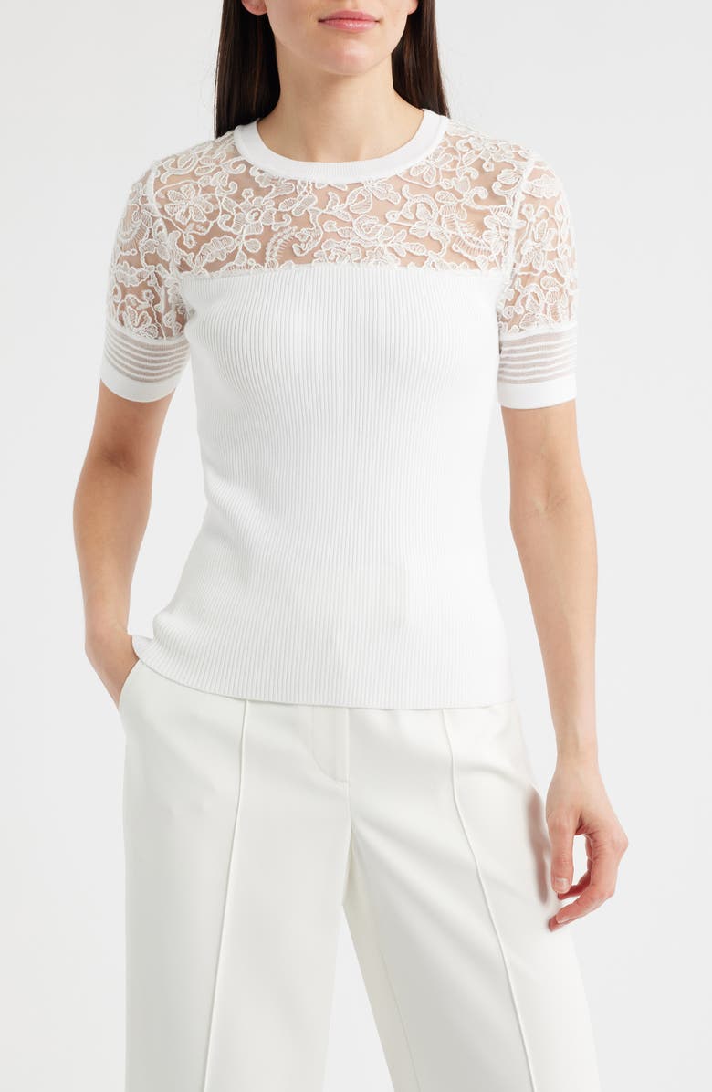 Elie Tahari Stephanie Mixed Media Lace Inset T-Shirt, Main, color, 
