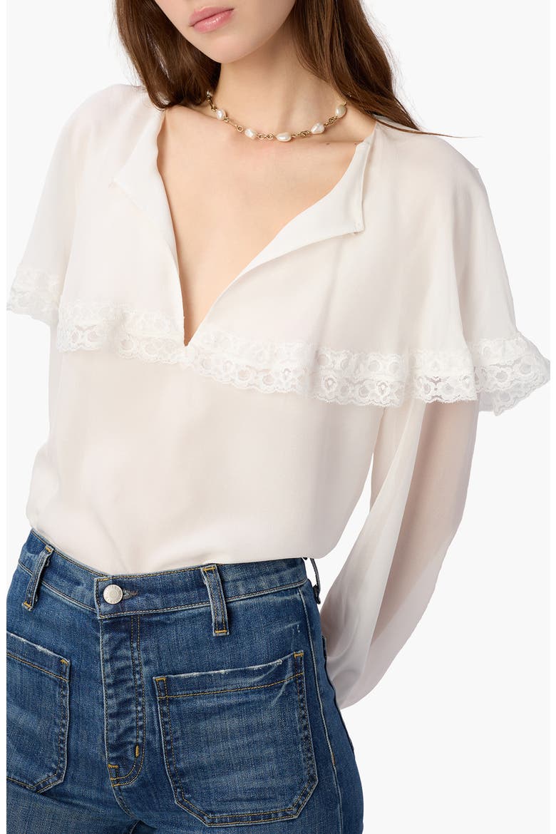 Marila Lace Trim Ruffle Silk Chiffon Top, Alternate, color, WHITE