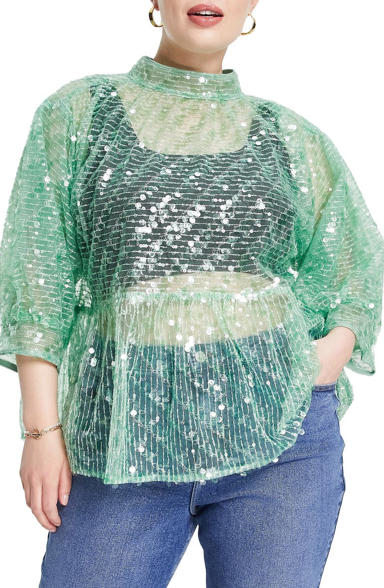 ASOS DESIGN Curve Sequin Bow Back Sheer Peplum Top, Main, color, 