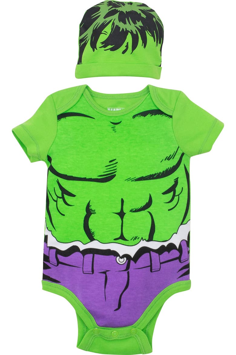 Avengers Bodysuit & Hat Set, Main, color, The Hulk Green