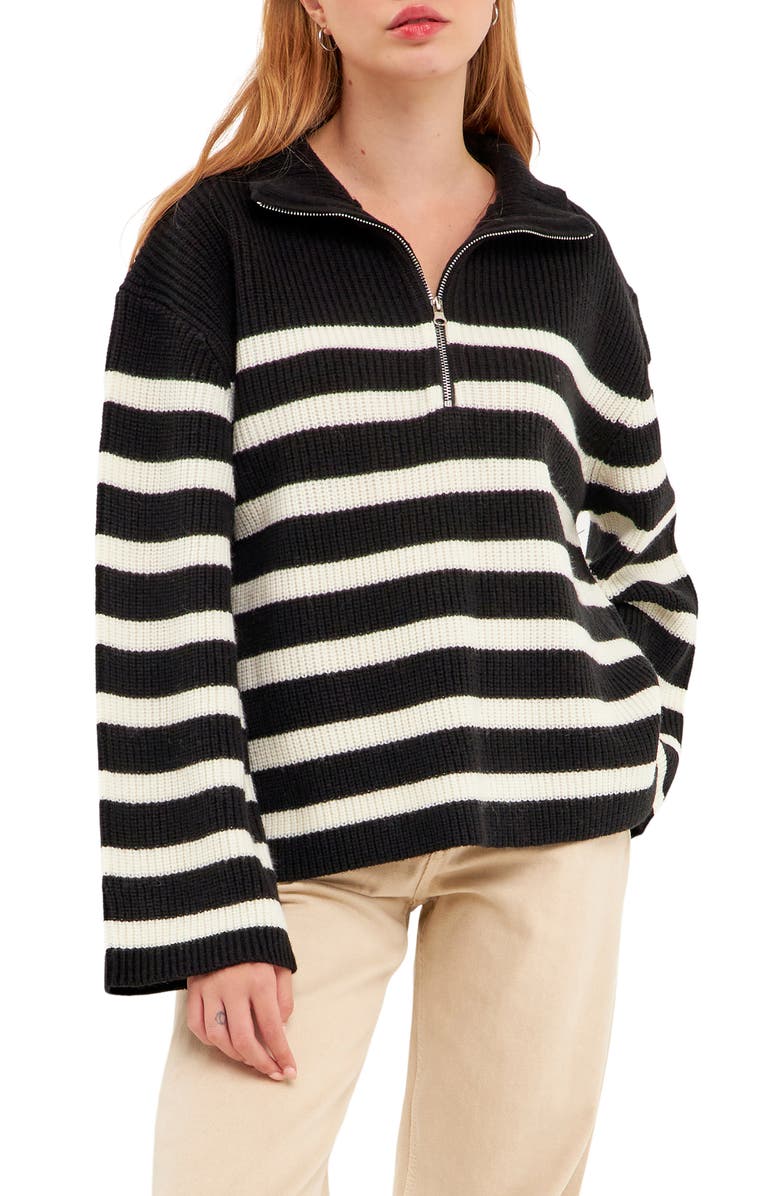 English Factory Stripe Half-Zip Sweater, Main, color, Black/ White