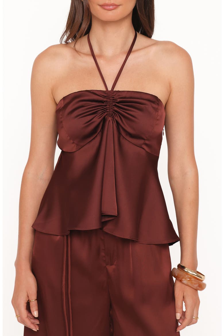 Vita Ruched Peplum Halter Top, Main, color, BROWN