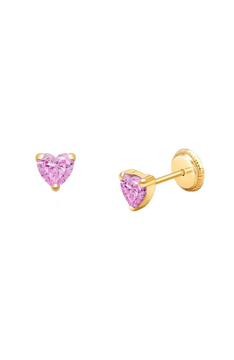 14K Gold 4mm Pink Heart Studs Screw Back Earrings