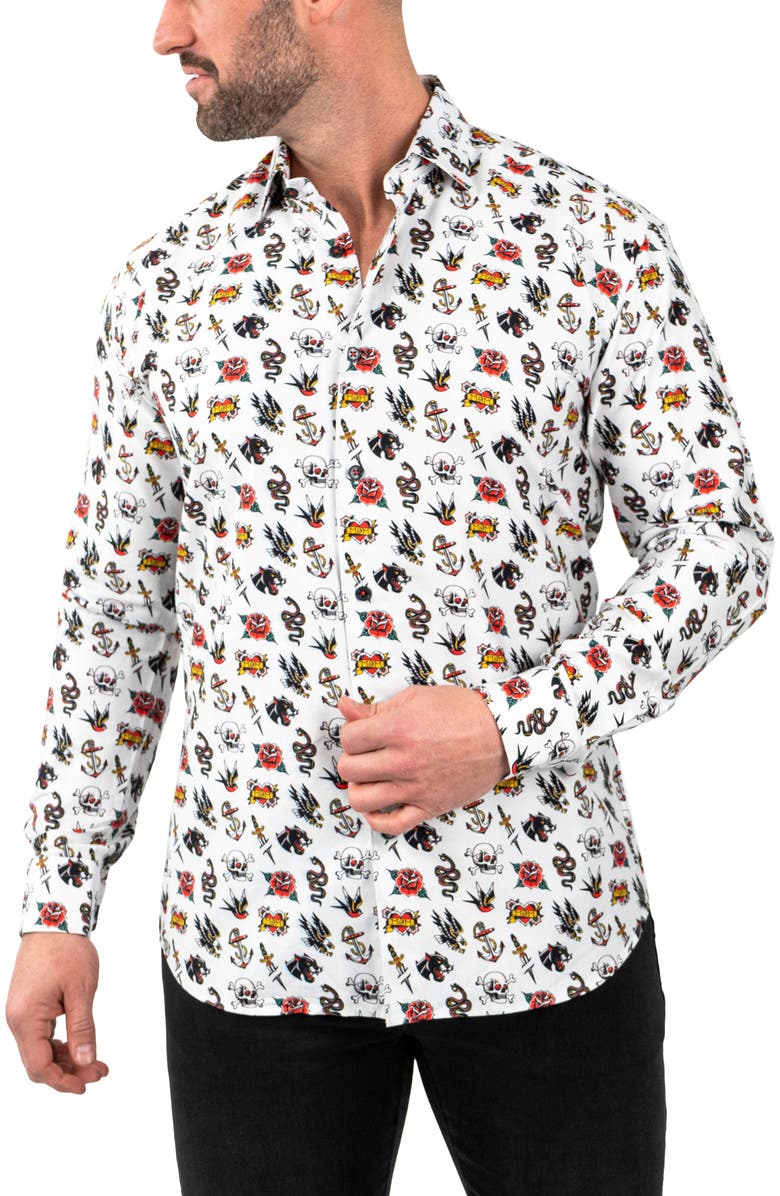Maceoo Fibonacci Tattoo Contemporary Fit Button-Up Shirt, Alternate, color, White