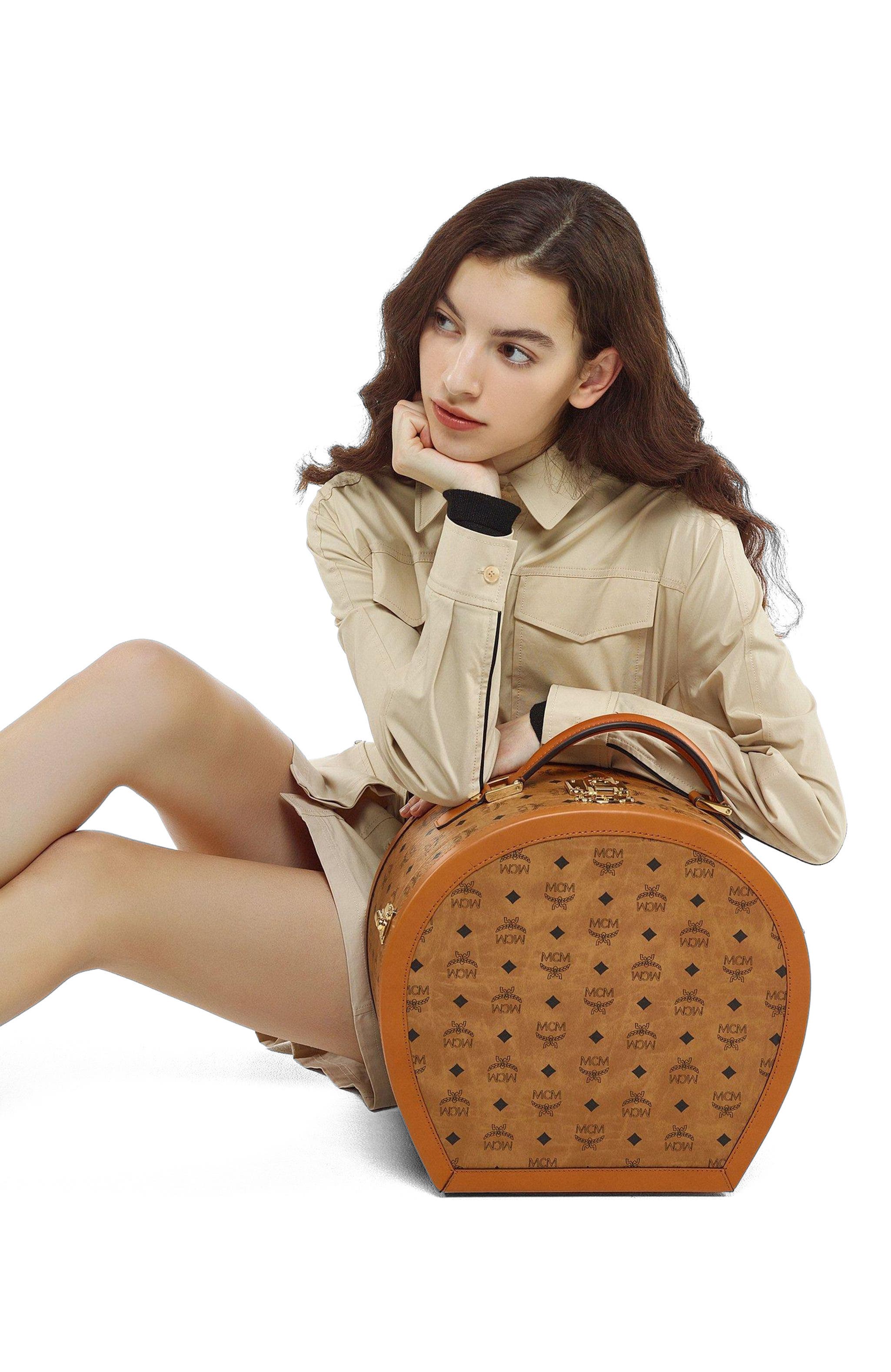 MCM Hat Box in Visetos, Alternate, color, Cognac