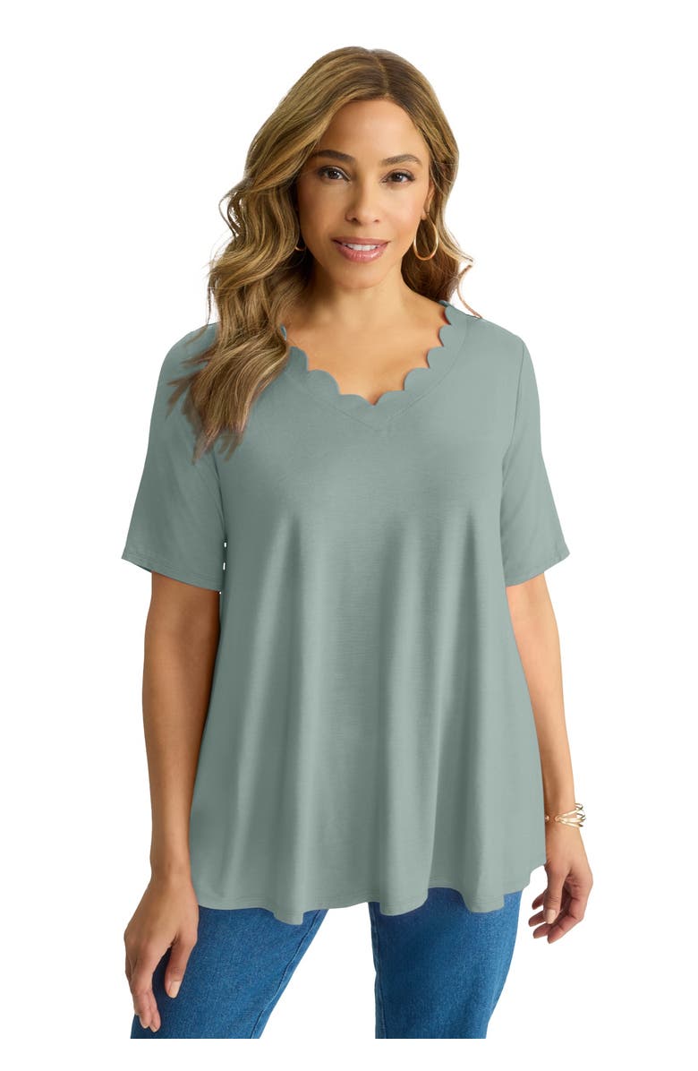 Jessica London Scalloped V-Neck Tunic, Main, color, Grey Spruce