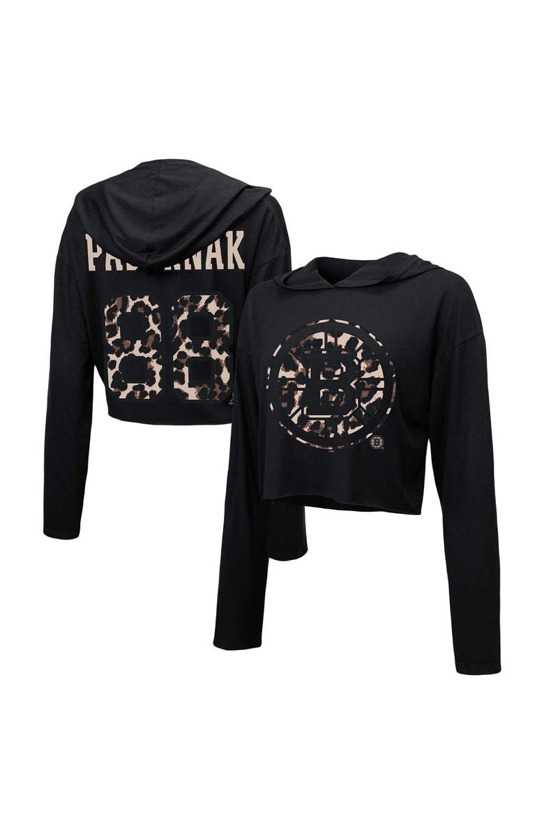 Majestic Threads Women's Majestic Threads David Pastrnak Black Boston Bruins Leopard Print Name & Number Cropped Pullover Hoodie, Main, color,