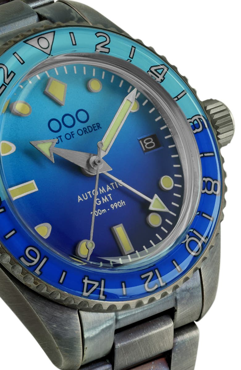 OUT OF ORDER Shaker Automatic GMT Ultra Distressed Bracelet Watch, 40mm, Alternate, color, Bomba Blue