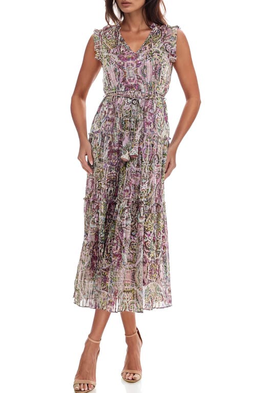 Socialite Metallic Floral Print Tiered Sleeveless Dress In Purple/pink