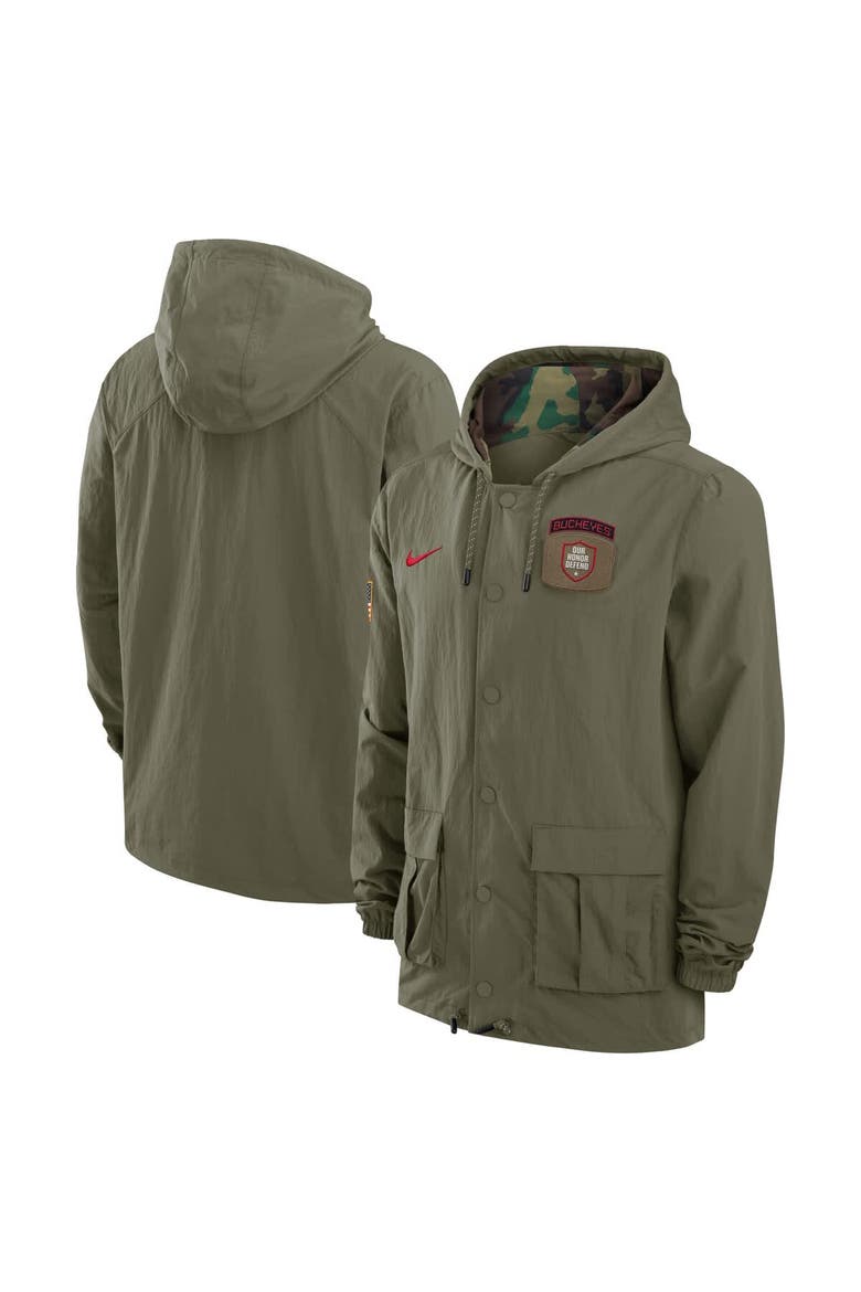 Men's Nike Olive Ohio State Buckeyes 2024 Military Appreciation Full-Snap Hoodie Military Jacket, Main, color, Olive