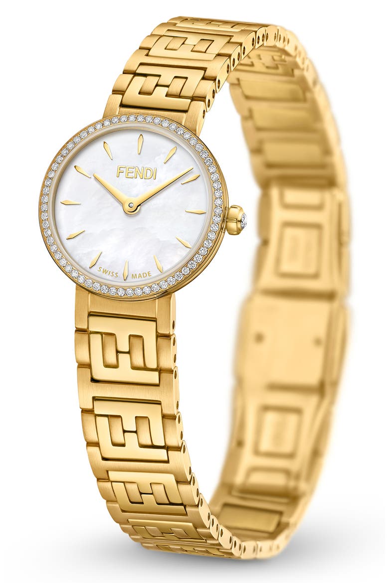 Forever Fendi Diamond Bracelet Watch, 19mm, Alternate, color, GOLD/ WHITE MOP/ GOLD