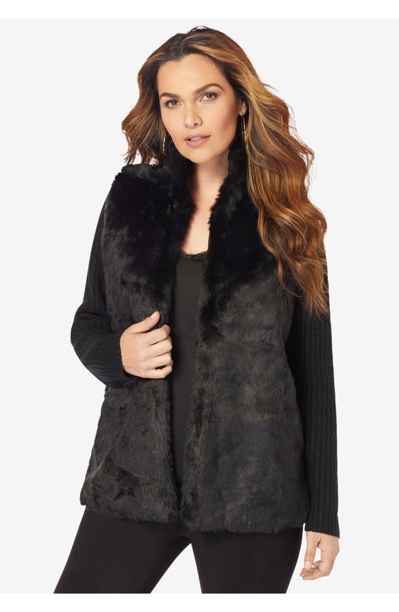 Roaman's Faux Fur Cardigan Sweater, Alternate, color, Black