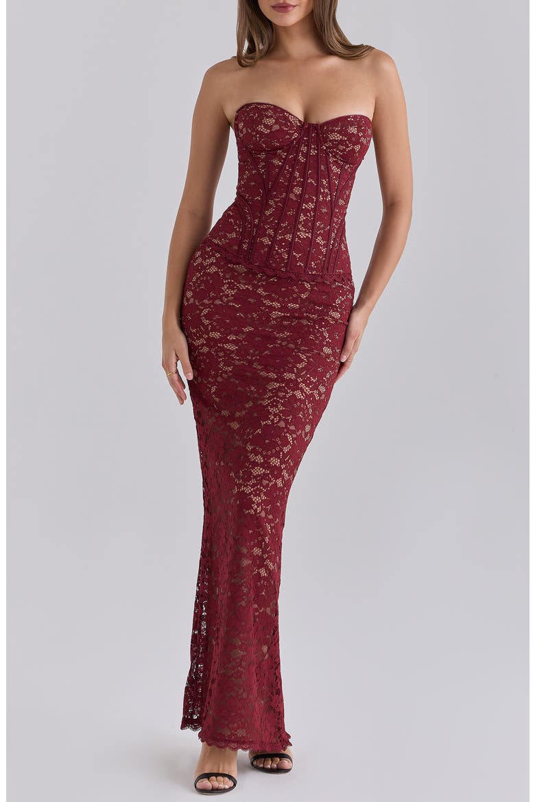 Solaine Lace-Up Strapless Lace Corset Gown, Main, color, CABERNET