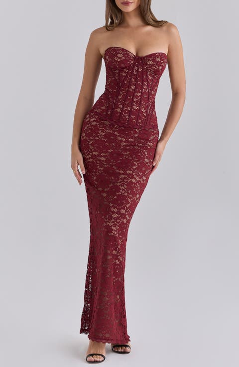 Solaine Lace-Up Strapless Lace Corset Gown