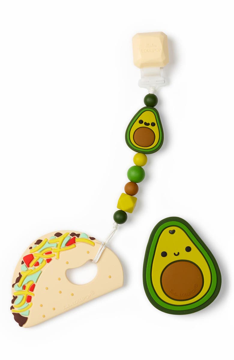 Loulou Lollipop Silicone Teether & Pacifier Clips Set, Main, color, Avocado/ Taco
