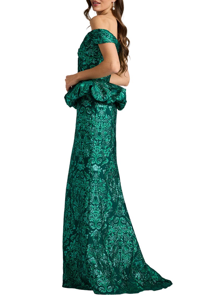 Medallion Jacquard Peplum Gown, Alternate, color, EMERALD GREEN/ MULTI