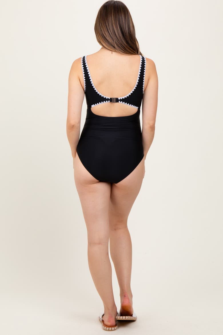 Embroidered Trim Back Cutout One Piece Swimsuit, Alternate, color, Black