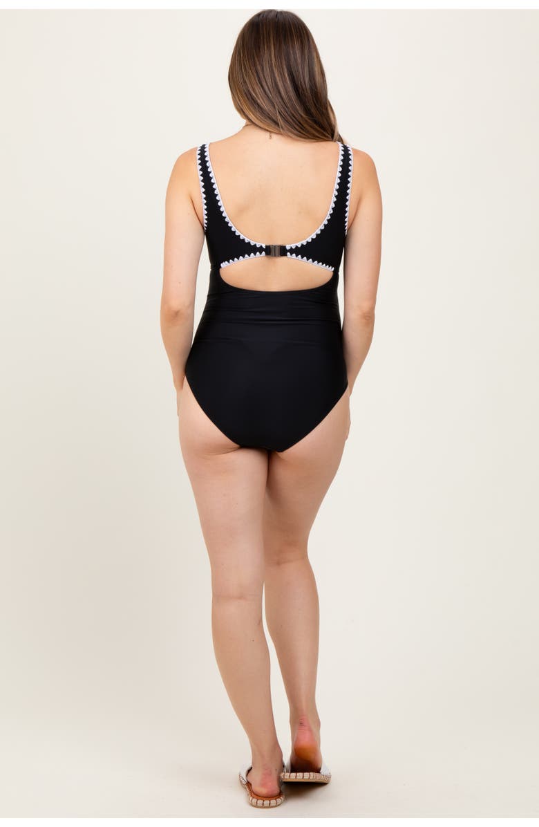 PinkBlush Embroidered Trim Back Cutout One Piece Swimsuit, Alternate, color, Black