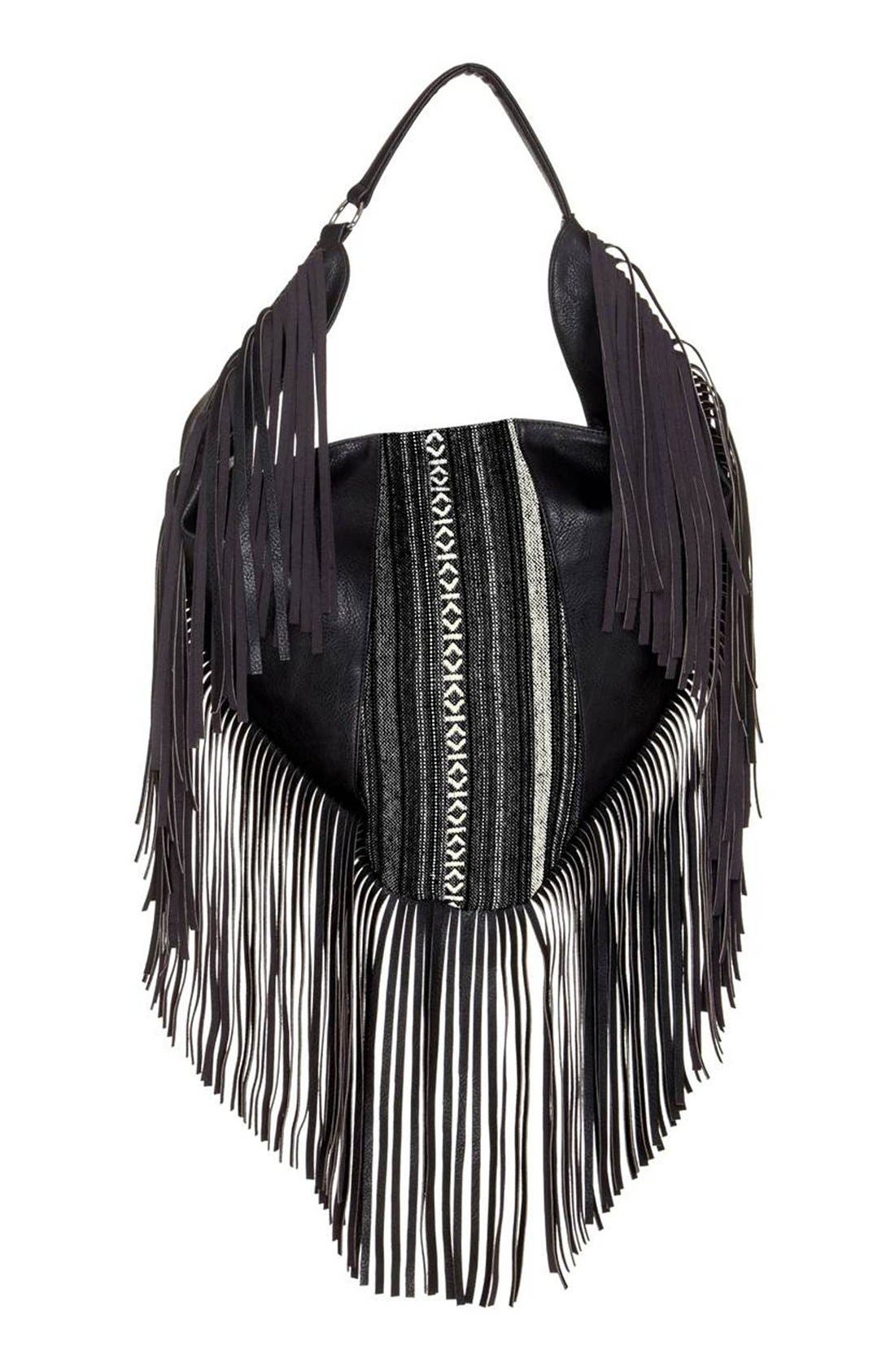'Tapestry' Fringe Hobo, Main, color, BLACK