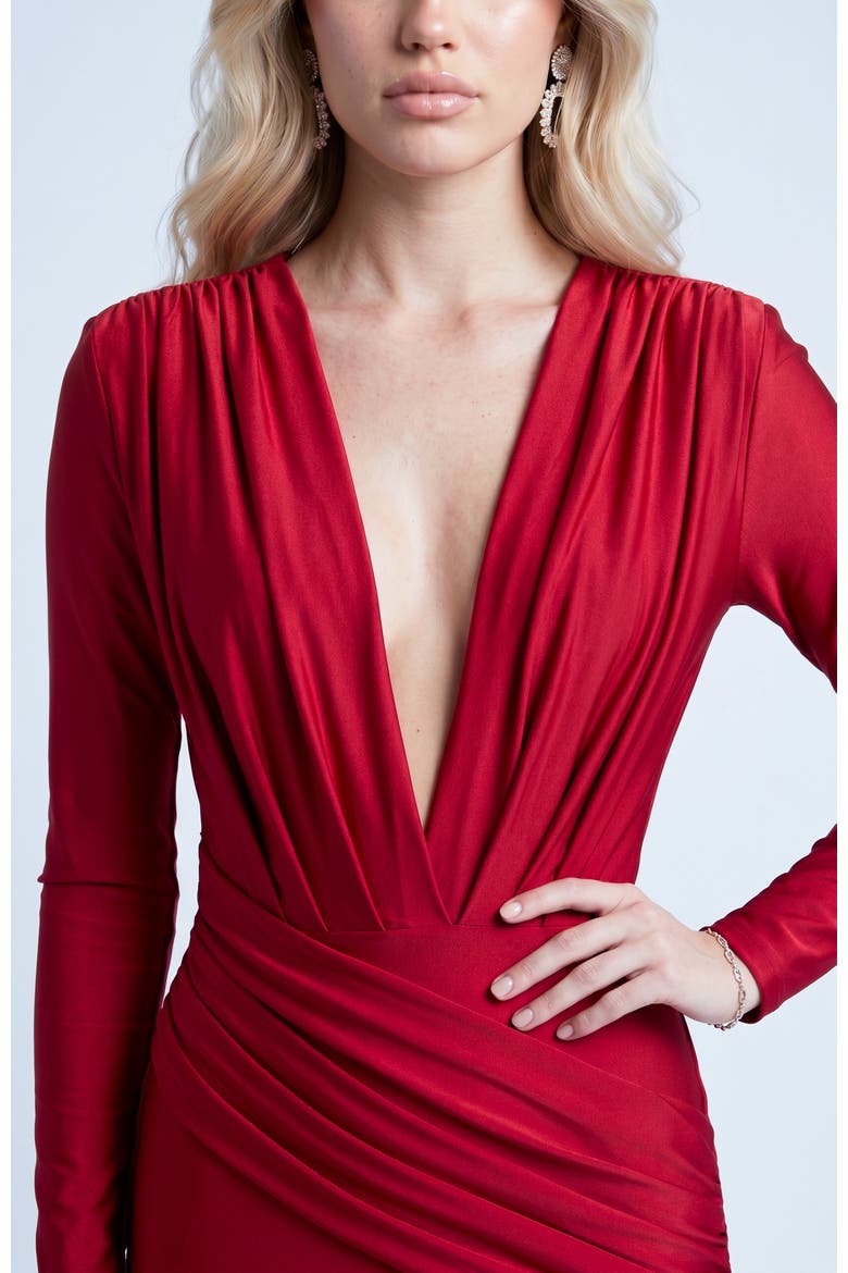 Long Sleeve Plunge V-Neck Ruched Mermaid Gown, Alternate, color, Red