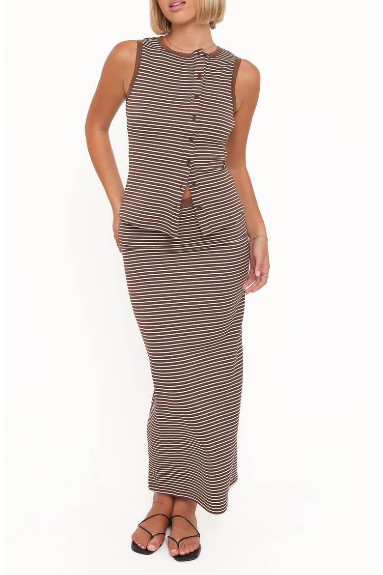 Adeline Stripe Button-Up Top & Maxi Skirt Set, Main, color, BROWN/CREAM STRIPE