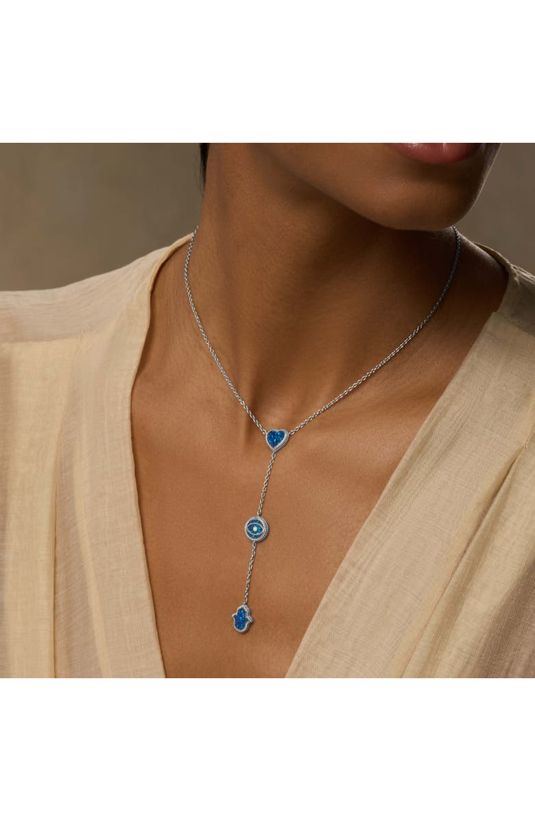 Karma and Luck Heart's Serenity Blue Opal Multi-Symbol Silver Necklace, Alternate, color,