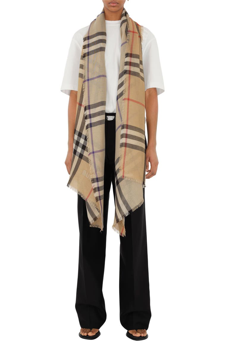 Check Reversible Wool & Silk Scarf, Alternate, color, SAND/ LICHEN