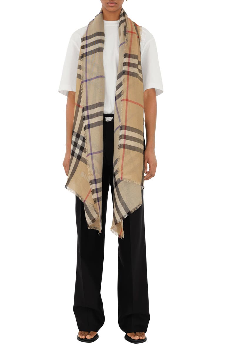 Burberry Check Reversible Wool & Silk Scarf, Alternate, color, Sand/ Lichen